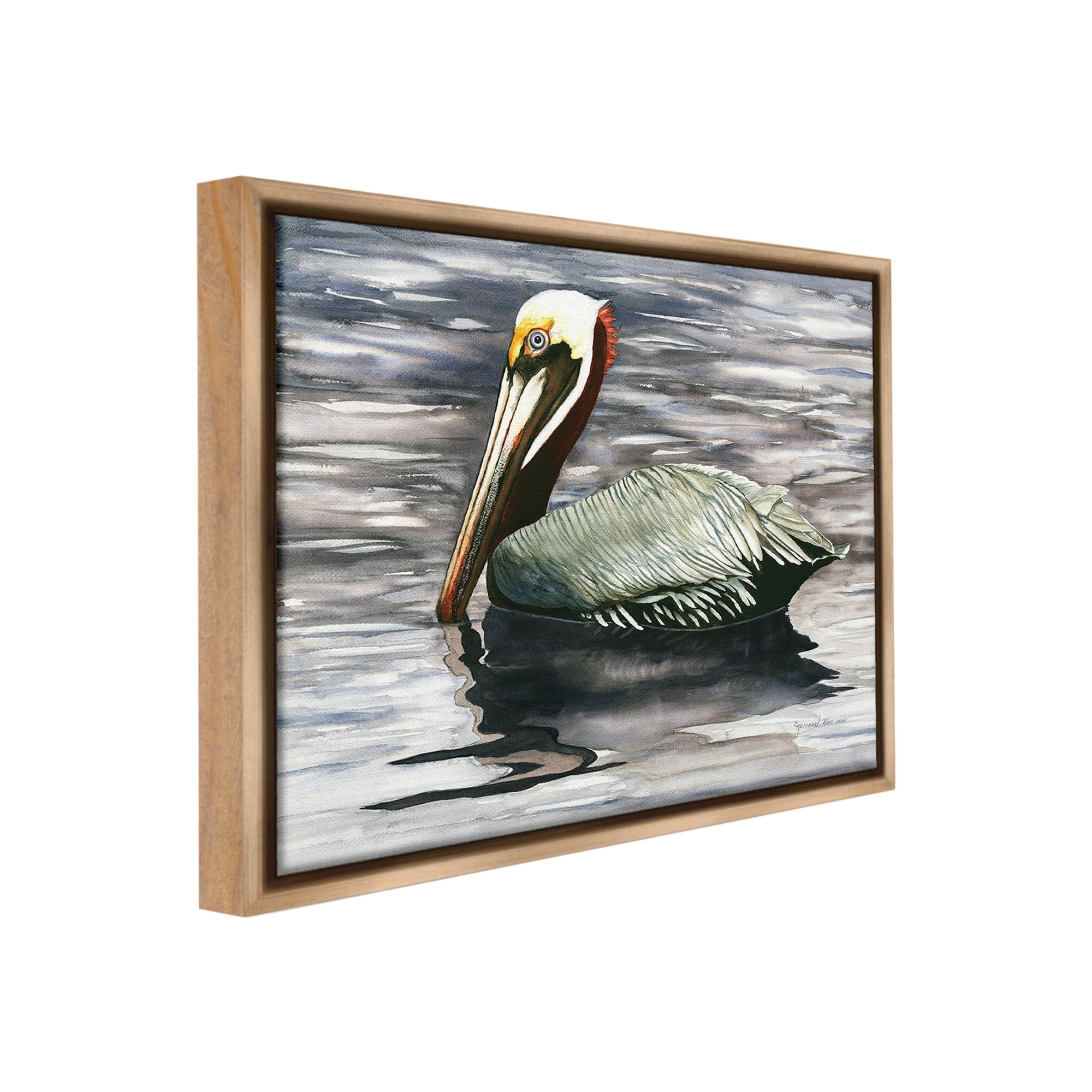 Stupell Industries Swimming Nautical Pelican Animals & Insects Painting Brown Floater Framed Canvas Art Print Wall Art, 21 x 17