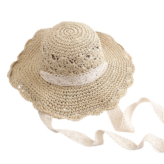 Hollow Lace Wide Brim Hat, Lace Tie Sun Cap, Straw Beach Headwear, Women Elegant Breathable Foldable Hat for Seaside Vacation Outing Summer Sun Protection Trendy Floral Decor Casual Cap,Beige