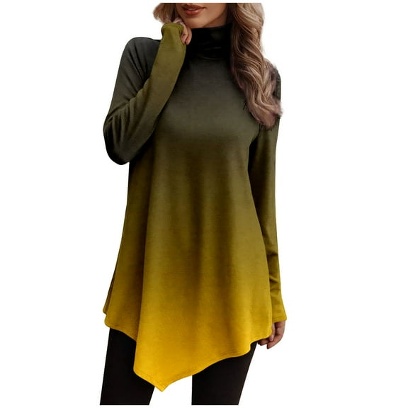 HAiming Womens Long Sleeve Turtleneck Tunic Tops 2025 Trendy Gradient Color Loose Irregular Hem Casual Shirts Blouse