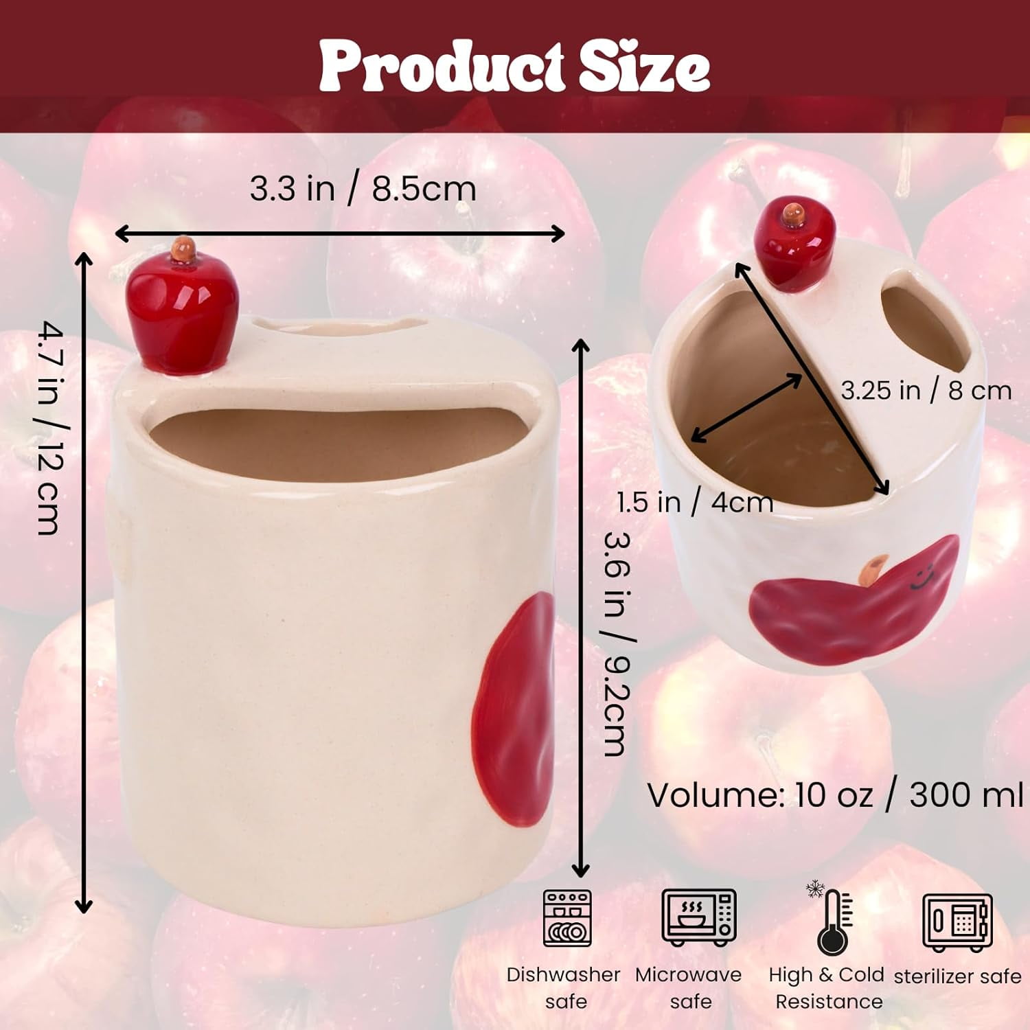 ABCISI Ceramic Coffee Mug, 10oz 3D Apple Espresso Cup for Kitchen Home Office, Novelty Porcelain Coffee Cup with Hand-Painted Apple for Water, Milk, Tea, Lovely Present and Home Decor, Red