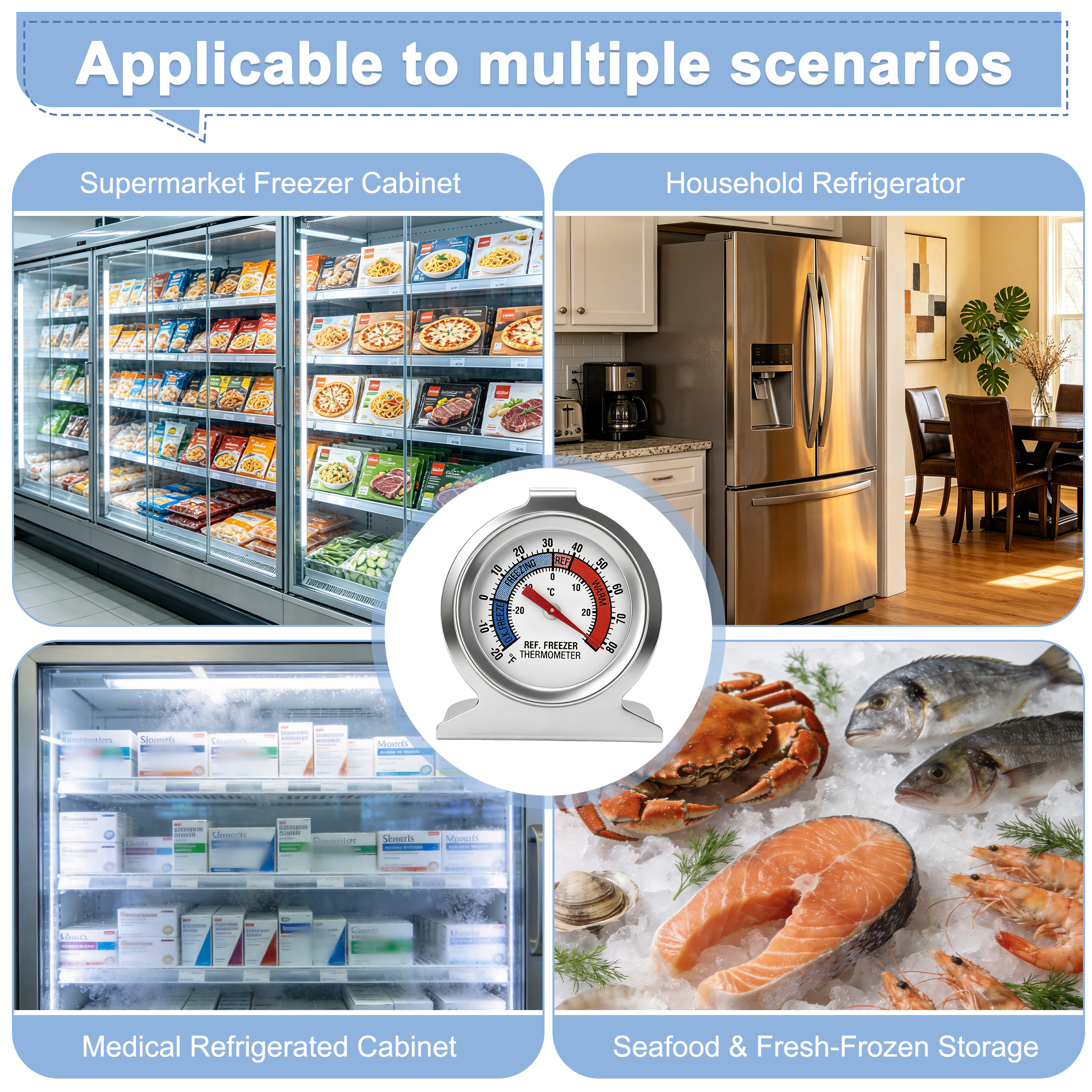 4‑Pack Refrigerator Freezer Thermometer, Stainless‑Steel Analog Dial Temperature Gauge, Dual ℃/℉ Scale, Hanging Standing Thermometer for Household Fridge & Commercial Cold‑Storage