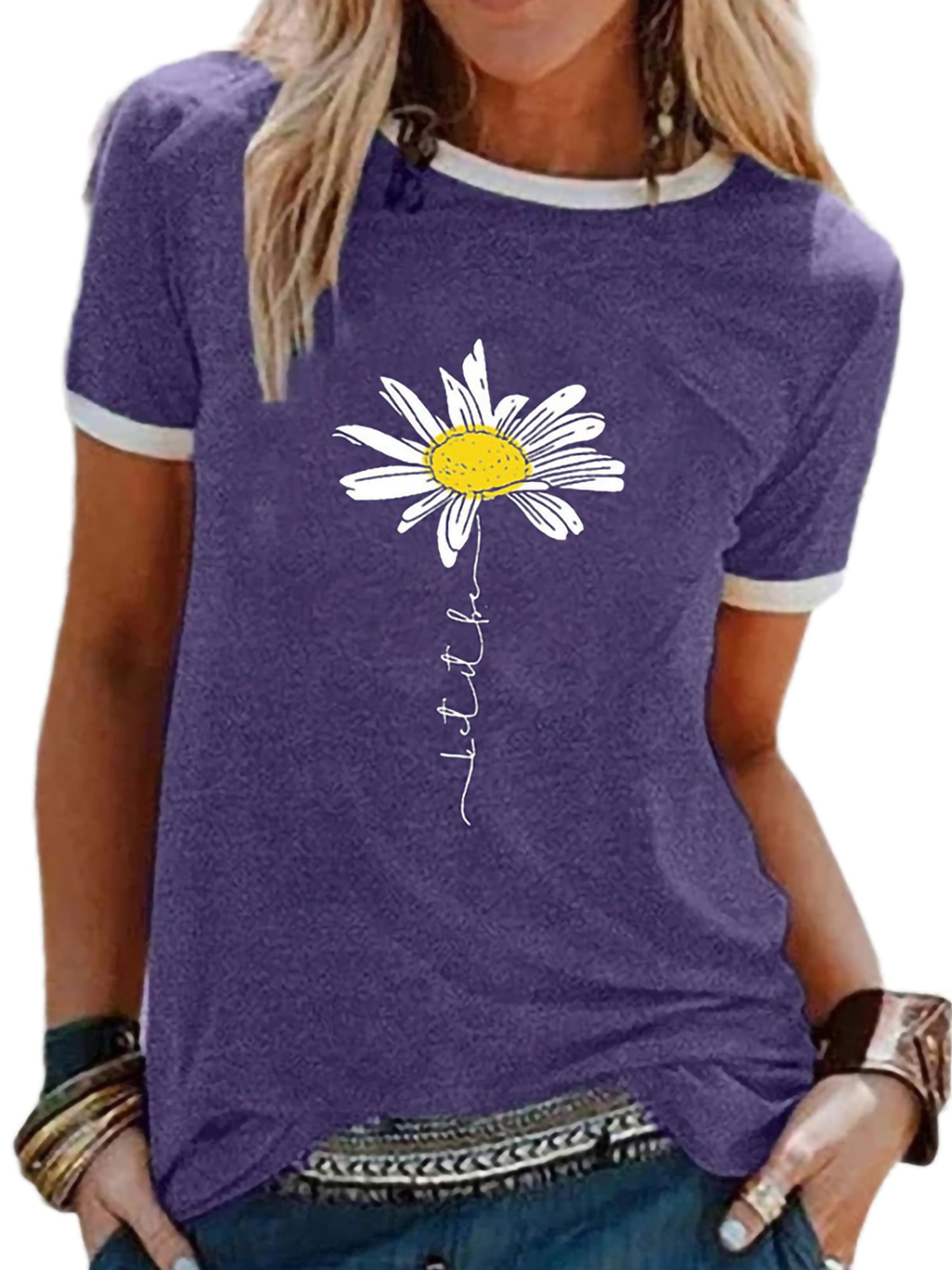LUXUR Ladies Tops Short Sleeve T Shirt Letters Design Tee Stitched Tunic Blouse Daisy Print Pullover Purple S