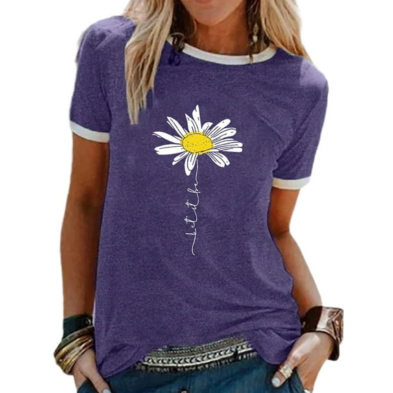 Sexy Dance Women's Summer Top Daisy Flower Print T Shirt Summer Casual Round Neck Short Sleeve Blouse T-Shirt Basic Tee