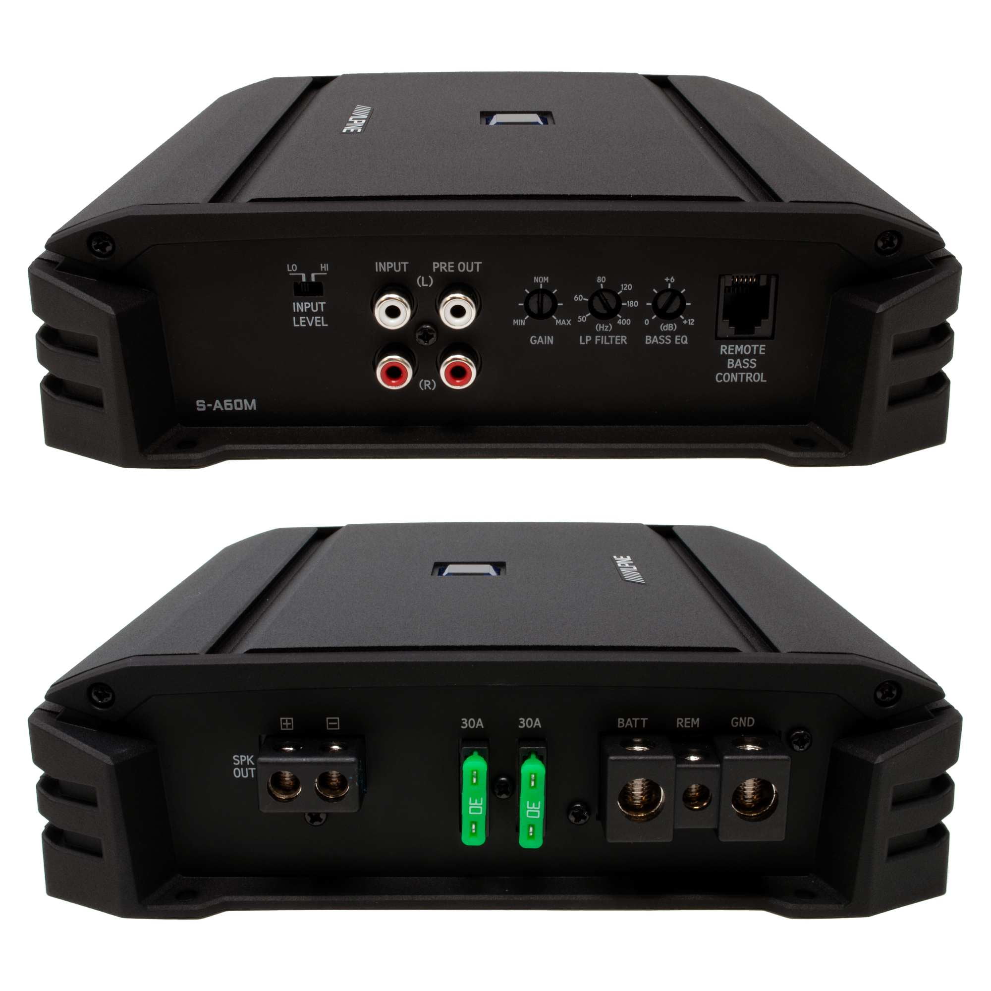 Alpine S-A60M S-Series mono subwoofer amplifier 600 watts RMS x 1 at 2 ohms with RUX-H01 Bass Knob