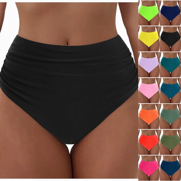 larppty Women High Waisted Bikini Bottoms Tummy Control Full Coverage Swim Bottom Front Ruched Bathing Swimsuit (Pink, L)