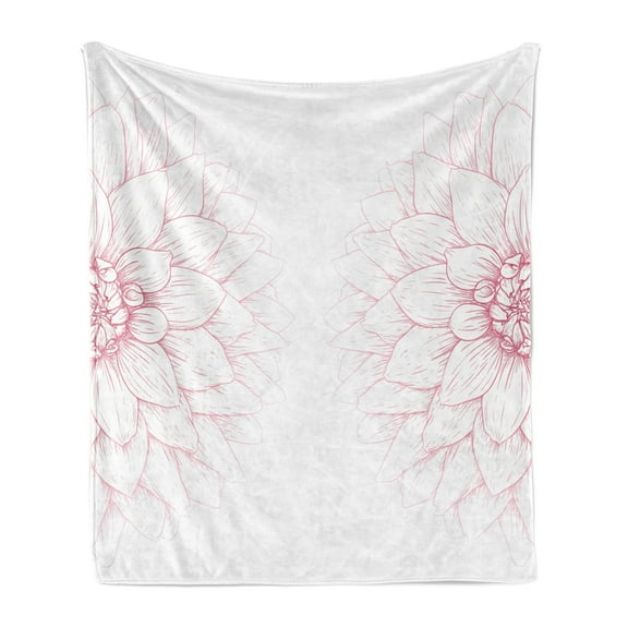 Dahlia Flower Soft Flannel Fleece Blanket, Simplistic Drawing of Bushy Sunflower Daisy Like Large Petals Image Print, Cozy Plush for Indoor and Outdoor Use, 70" x 90", White and Pink, by Ambesonne