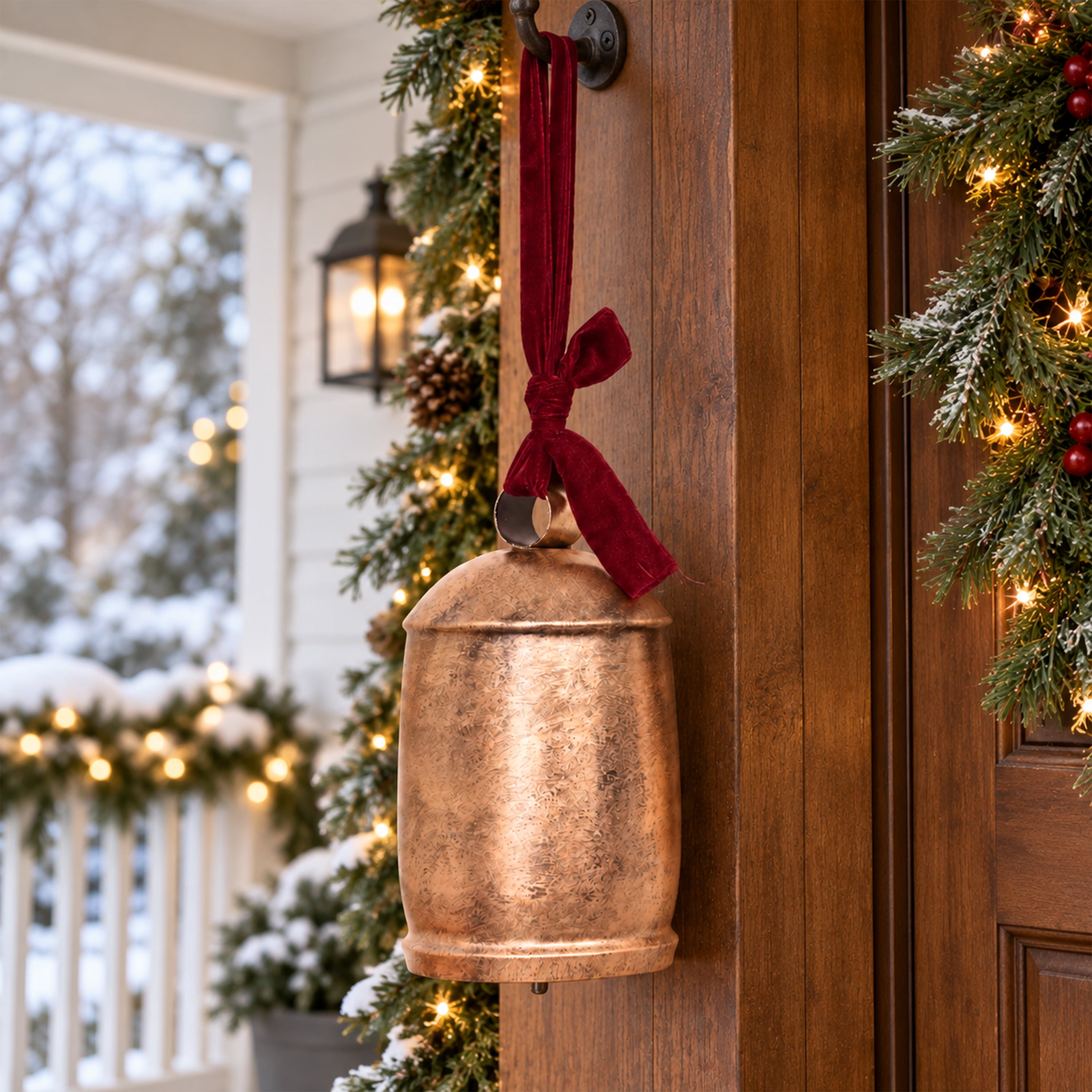 My Texas House Metal Hanging Bell, Antique Gold Finish with Red Velvet Ribbon, 11 inches
