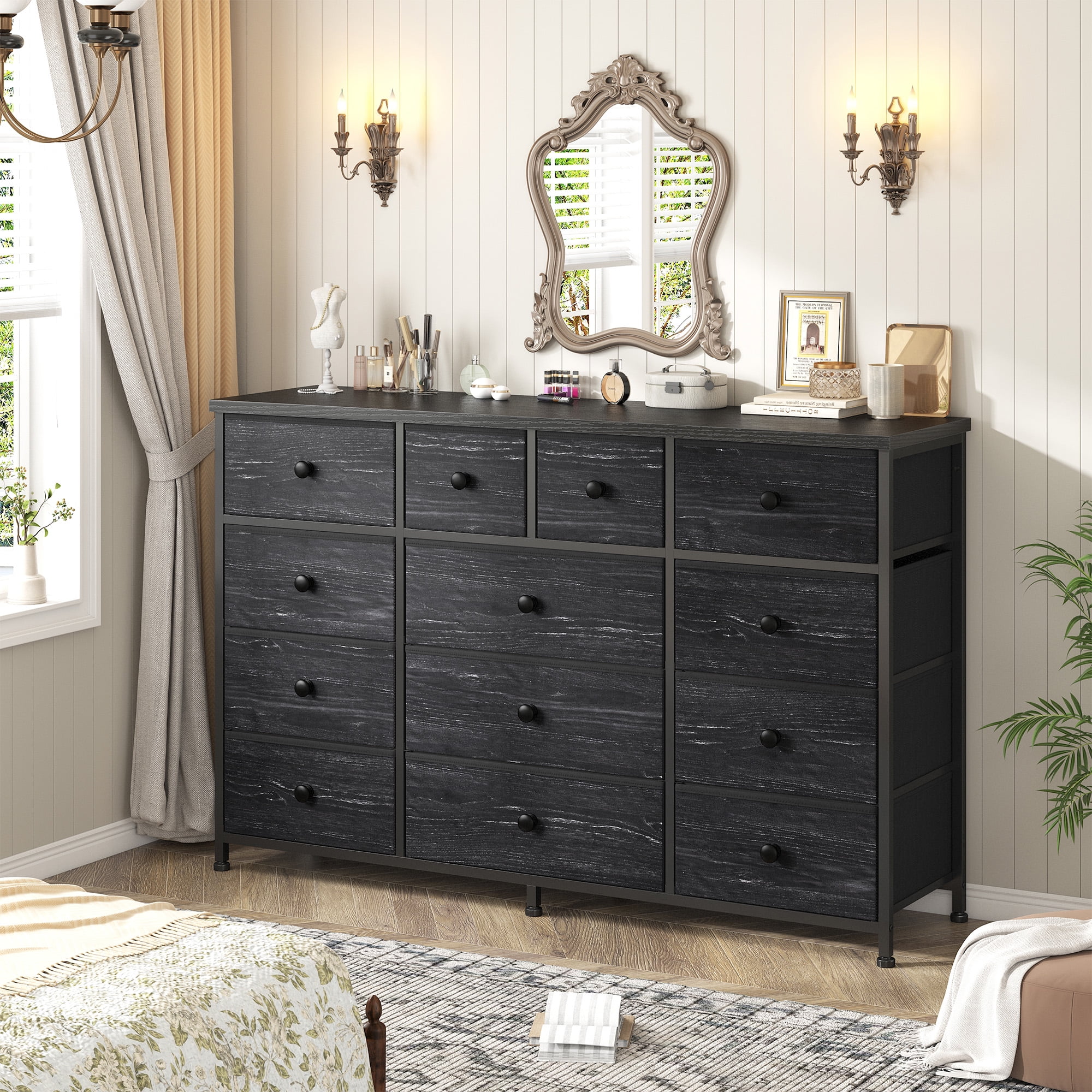 Black Dresser for Bedroom TV Stand with 13 Drawers for for 55" TV, Fabric Wide Dresser for Living Room