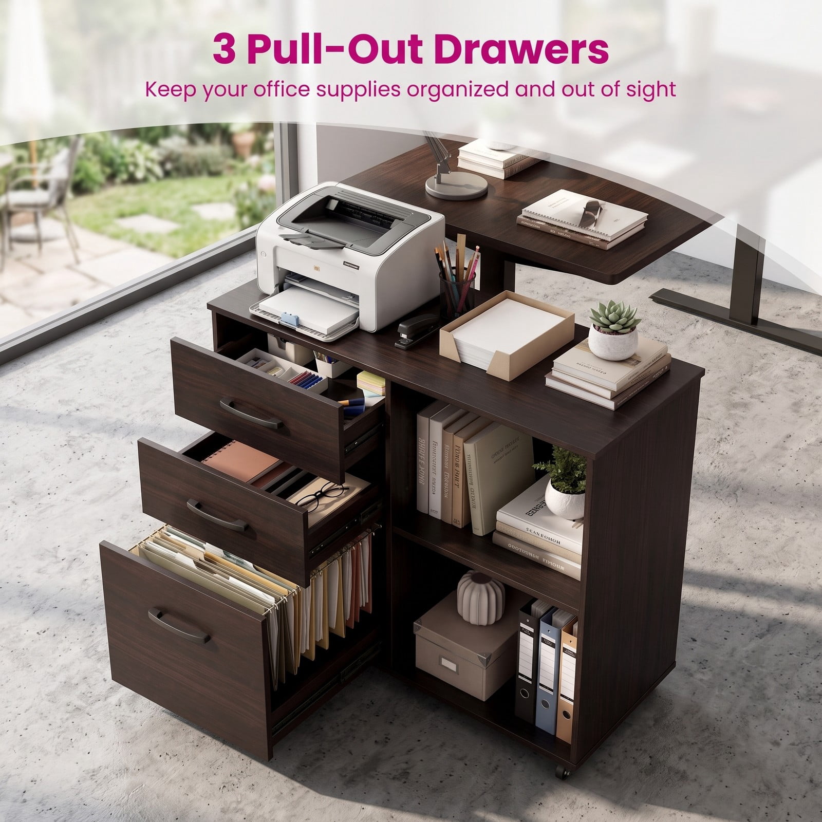 Furnibear 3-Drawer Mobile Lateral File Cabinet Printer Stand, Rolling Wood Filing Cabinet with Lockable Casters and Adjustable Shelf for Home Office, Fits, Dark Brown