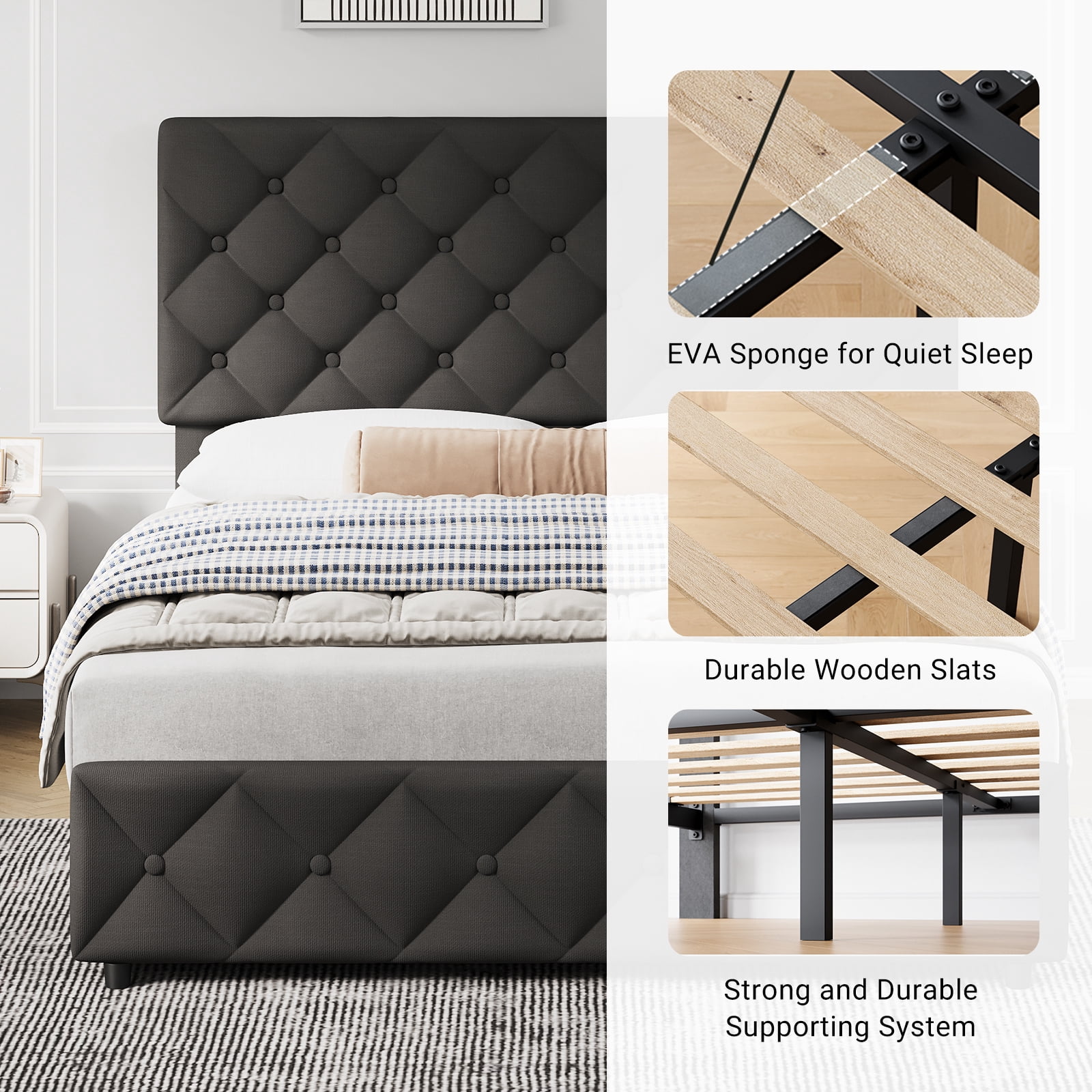 Shininglove Full Size Bed Frame with Storage - Linen Upholstered Platform Bed, 4 Spacious Drawers, Diamond Tufted Headboard, No Box Spring Needed(Black)