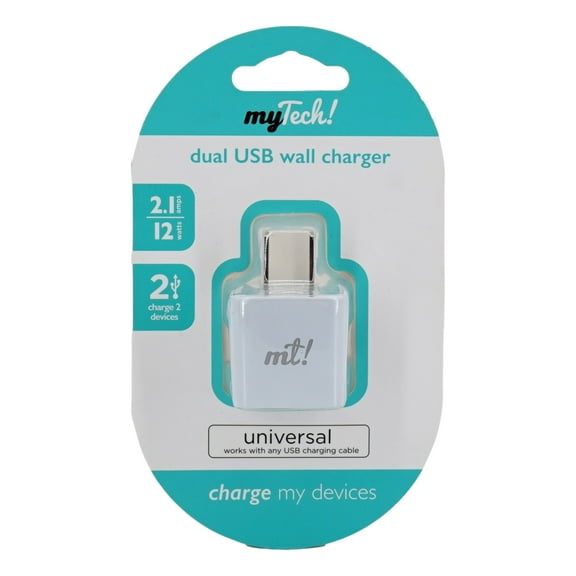 My Tech Dual USB Wall Charger 2.1 Amp 12 Watts 2 Ports Phone Device Charging Cube