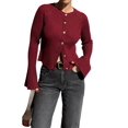 thumbnail image 3 of Women Trendy Crew Neck Ribbed Knit Crop Bell Long Sleeve Open Front Button Down Sweater Shirt Fall Outfit Wine Red L, 3 of 7
