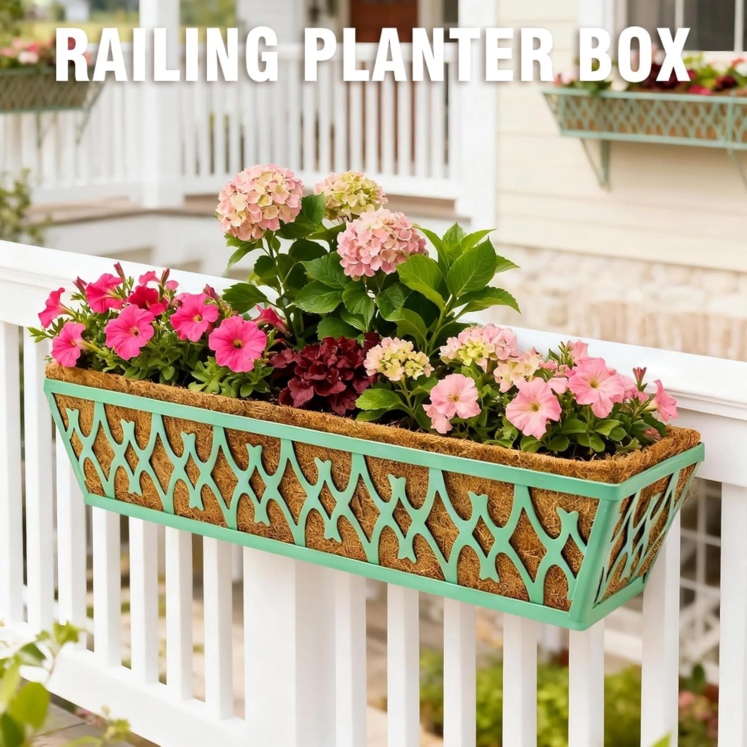 2 Pack 24 Inch Window Boxes Planters Railing Planter Box with Adjustable Brackets for Porch Fence Patio Balcony Hanging Flower Baskets with Coco Liners for Outdoor Garden Décor - Black