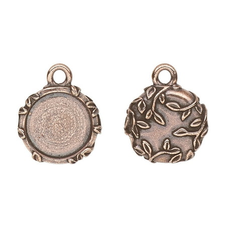 

Drop TierraCast antique copper-plated pewter (tin-based alloy) 16mm round with leaf design 12.5mm cabochon setting. Sold per pkg of 2.