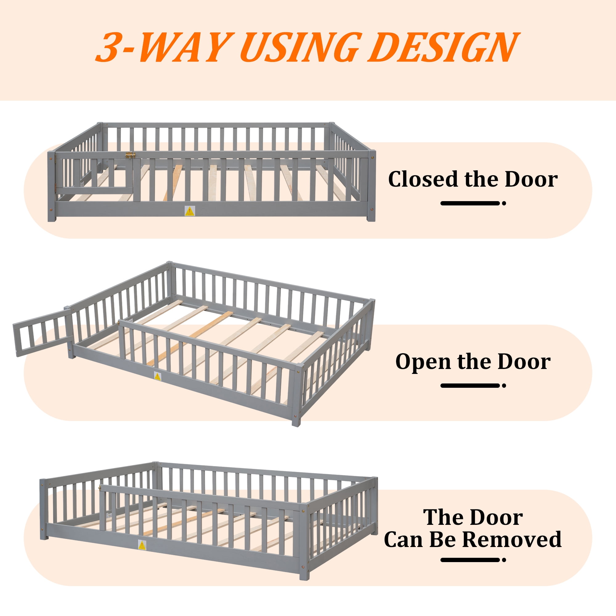 UHOMEPRO Full Size Floor Bed with Door and Fence for Kids, Toddler Bed Montessori Floor Bed with Slats and Safety Guardrails, Solid Wood Full Bed Frame for Girls Boys Kids Bedroom, Gray