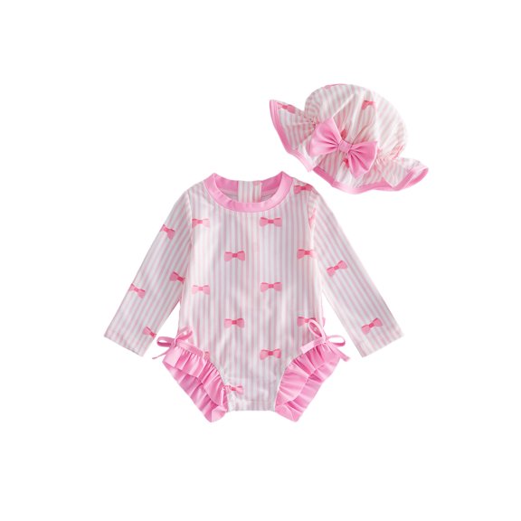 BemeyourBBs Toddler Baby Girls Bow Striped One Piece Swimsuit with Sun Hat Infant Girl Bathing Suit Long Sleeve Rash Guard Back Zipper Ruffled Trim Swimwear Summer Beachwear
