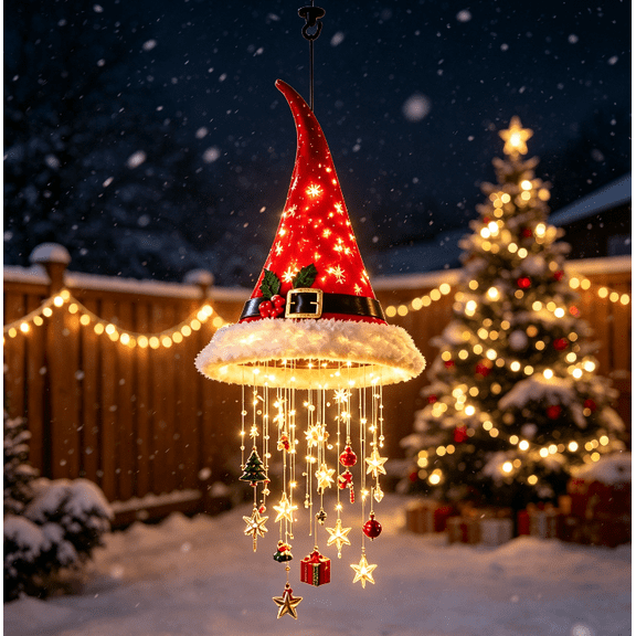 Lighted Santa Hat Hanging Chandelier, Pre Lit Christmas Santa Hat Decor with Warm LED Lights and Hanging Holiday Charms, Indoor Outdoor Covered Decor