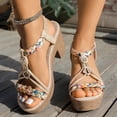 thumbnail image 2 of Rokment Womens Platform Slingback Dress Sandals 2026 Beach Summer Boho Braided Gemstones Chunky Block High Heel Linen Sandals Beige Size 5, 2 of 6