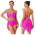 thumbnail image 4 of SiiRoh Women's 2 Piece Lyrical Dance Outfits Halter Sleeveless Crop Top with Irregular Skirt Briefs Hot Pink L, 4 of 5