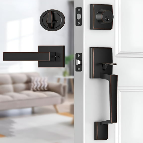 TALENO Front Door Handle,Modern Front Door Lock Set,Adjustable Deadbolt Lock Set with Single Cylinder,Reversible for Right&Left Handed