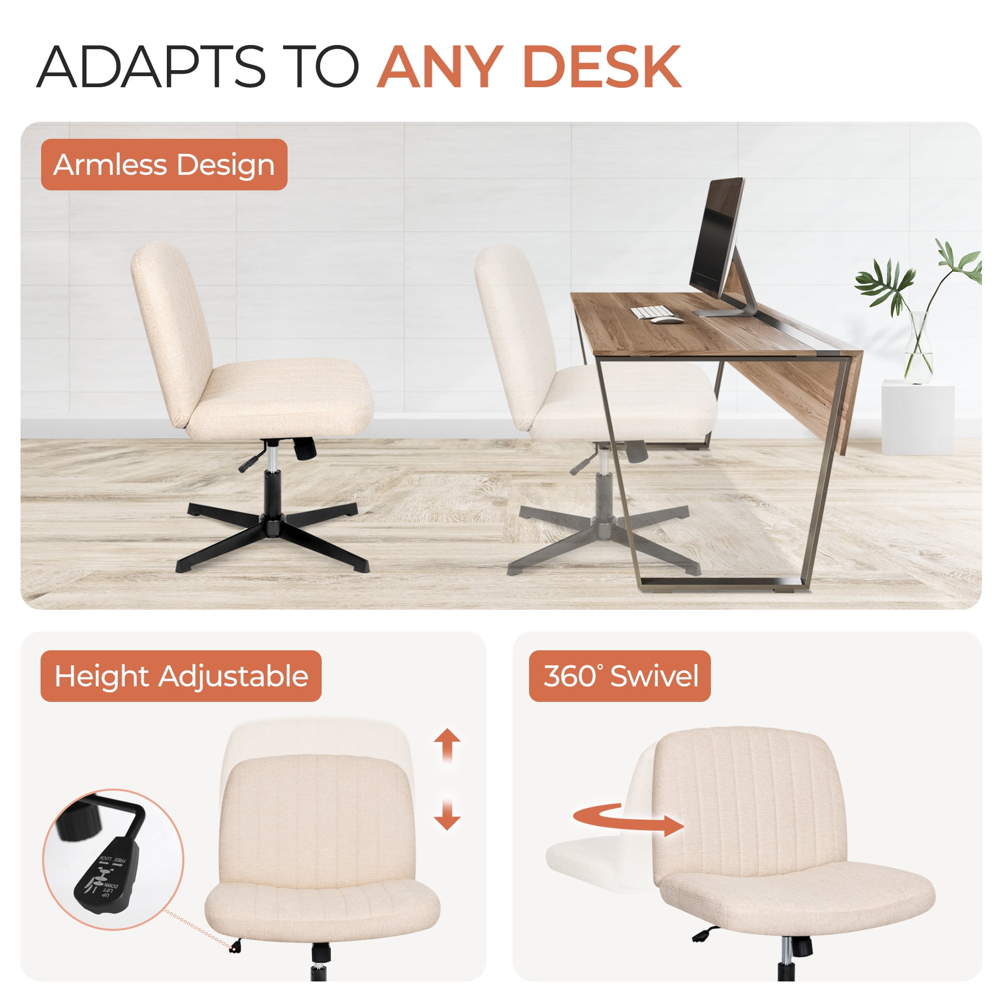 Orange Factory Criss Cross Chair No Wheel Wide Cross Legged Office Desk Vanity Chair Comfy Fabric Armless Adjustable Swivel for Home Computer Task (Beige No Wheel, Classic Fabric)