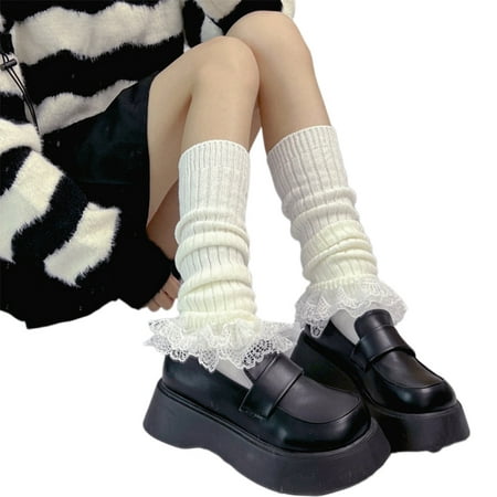 

Fall Winter Ribbed Knitted Leg Warmers Cute Tiered Ruffled Lace Hem Foot Covers Middle Tube Calf Long Socks for Women