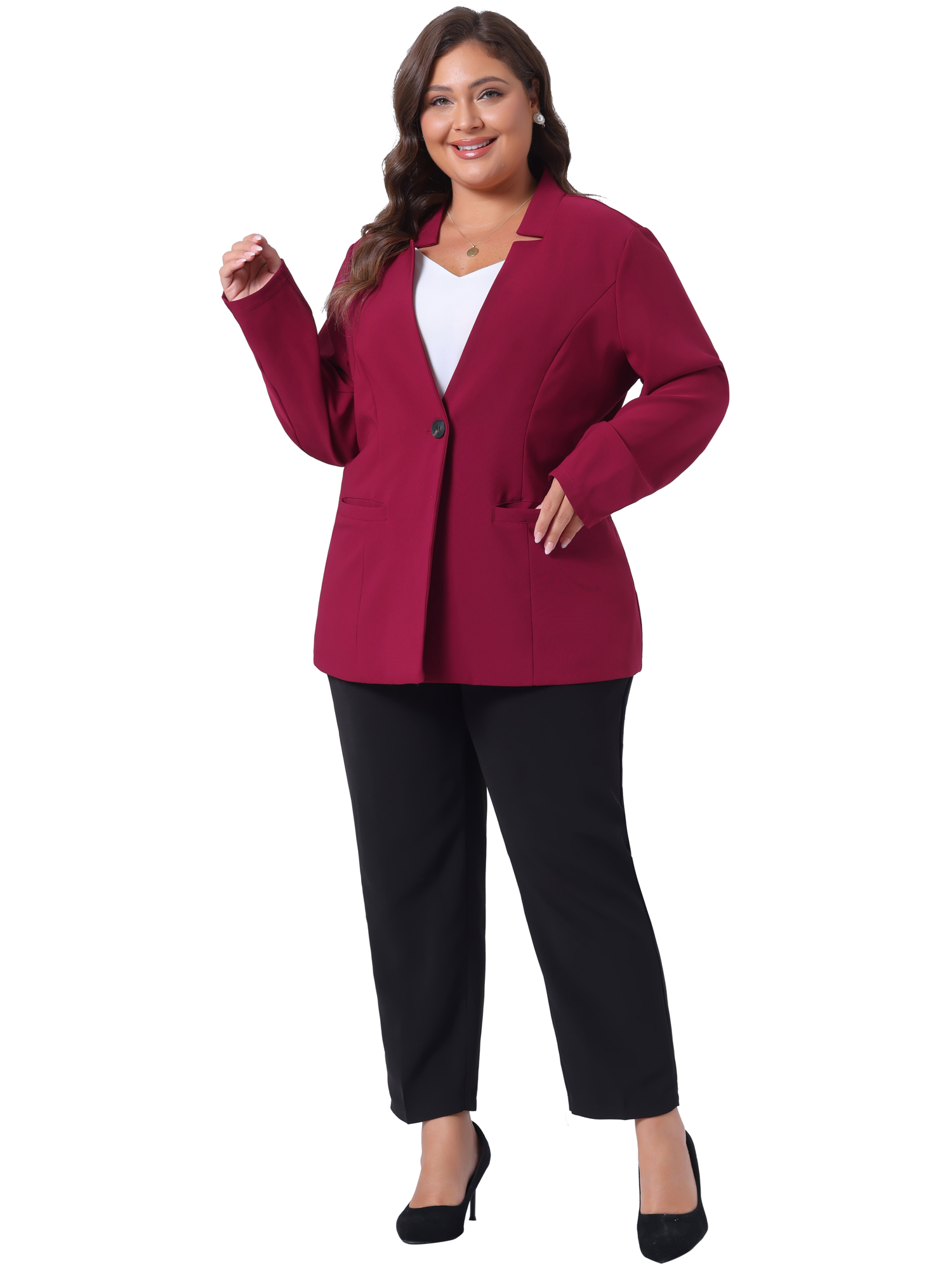 DARING DIVA Women's Plus Size Office Work Button Long Sleeve 4X Burgundy