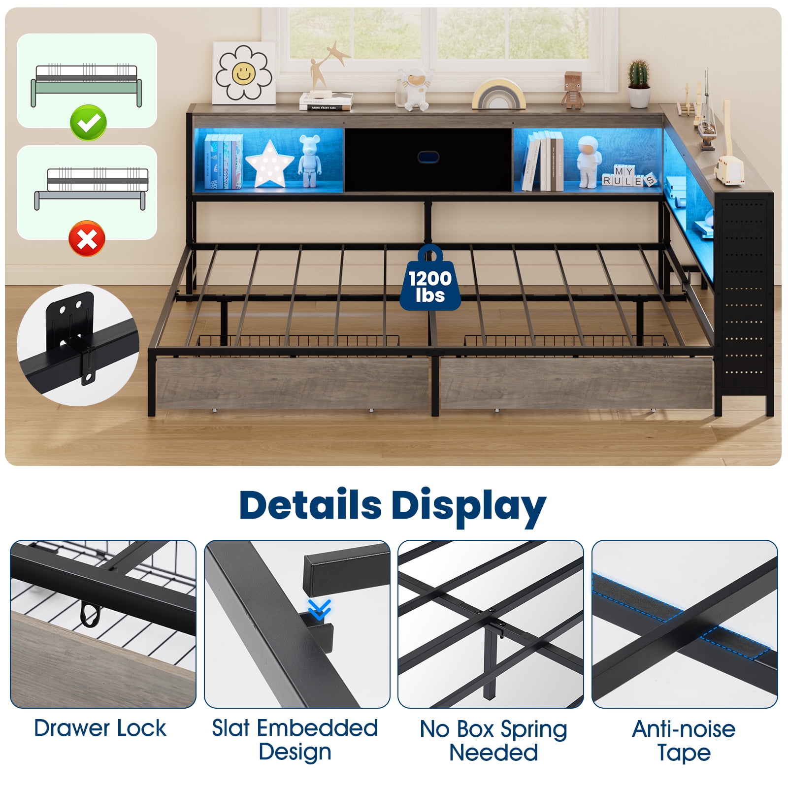 Lusimo Full Corner Bed Frame with Bookcase Storage and LED Lights & Charging Station, Metal Platform Bed Frame with Storage Drawers Underneath for Bedroom, Gray