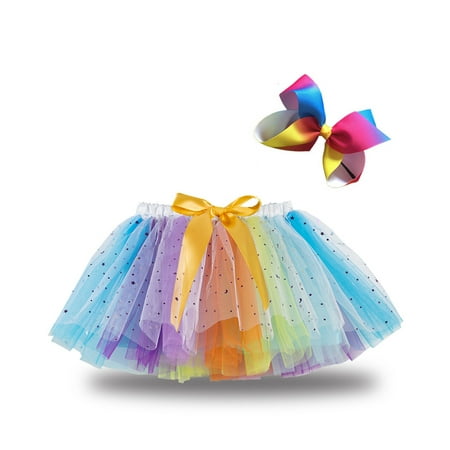 

Kids Girls Rainbow Tutu Skirt 3-Layer Tulle Princess Ballet Dress with Bowknot Hair Clip Set