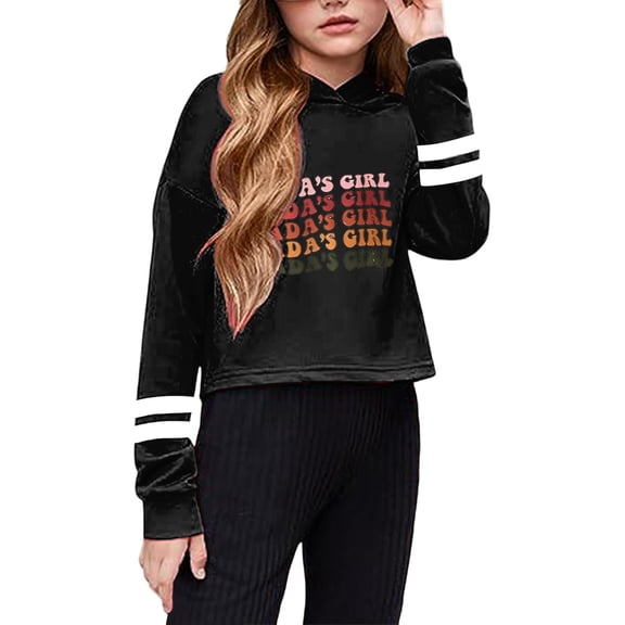QUOTAY Girls Short Cropped Hoodie Loose Casual Pullover with Letter Print and Striped Long Sleeves Cute Sweatshirt Top for Everyday Wear Hoodies for Girls 02_Black,3-4 Years
