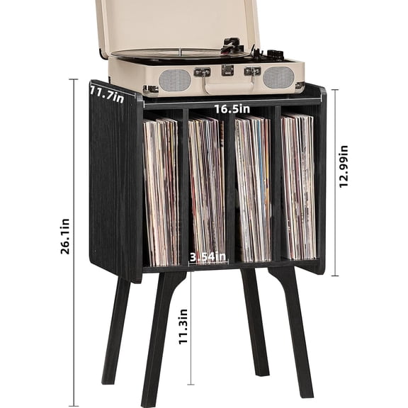 Wubio Record Player Stand with Storage Holds Up to 80 Albums, Turntable Stand with Beech Wood Legs, Mid-Century Record Player Table,Black Vinyl Holder Display Shelf for Bedroom Living Room