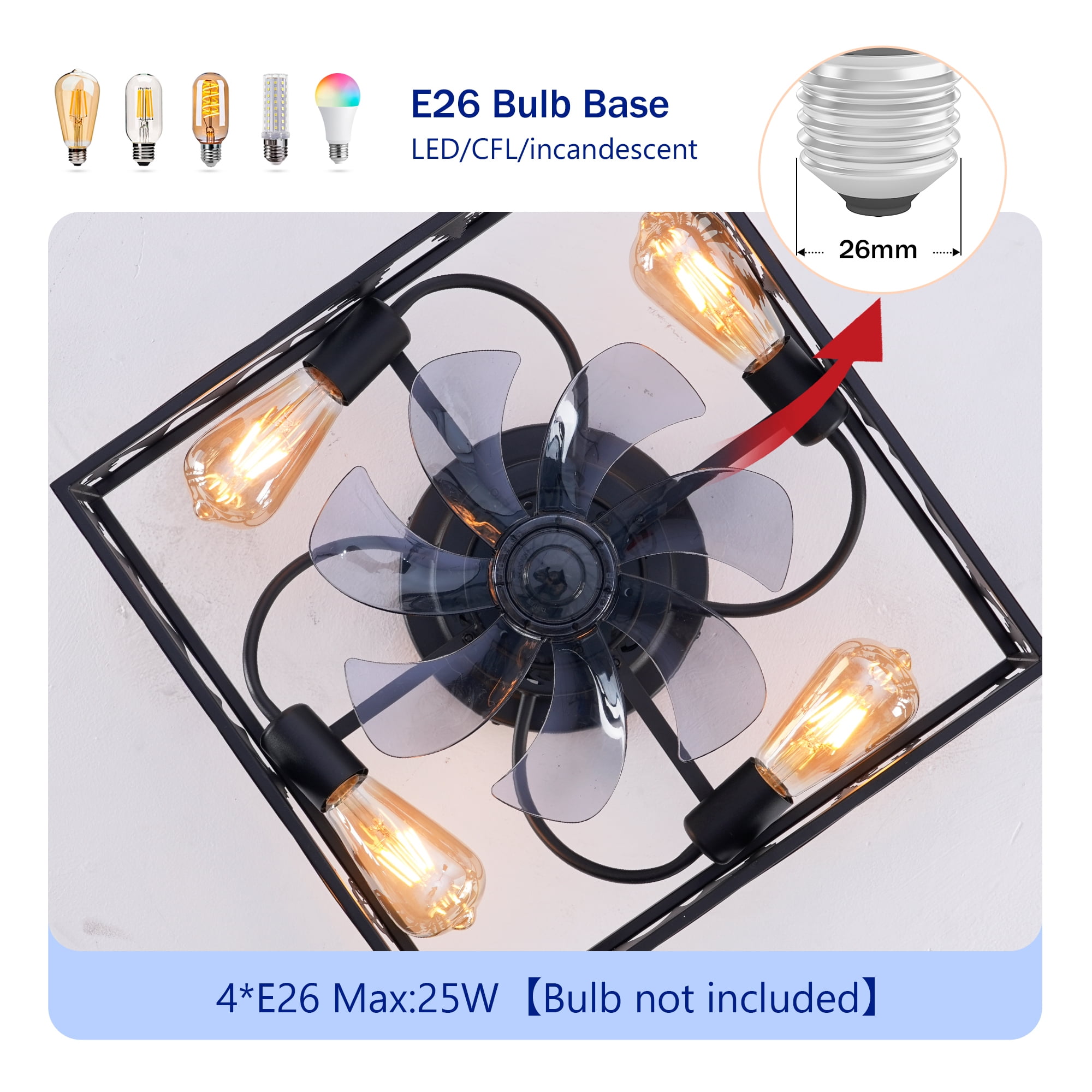 Leumius 20" Black Square Ceiling Fans with Lights and Remote, Flush Mount Square Ceiling Fan 6 Speed Reversible with Remote Control for Living Room Bedroom Dining Room (NOT Included Bulbs)