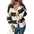thumbnail image 2 of Chaqueta de Punto Holgada Informal con Cuello en V y Larga para Mujer, Cárdigan de Punto con Cordones y Rayas en Contraste. Marrón L, 2 of 10