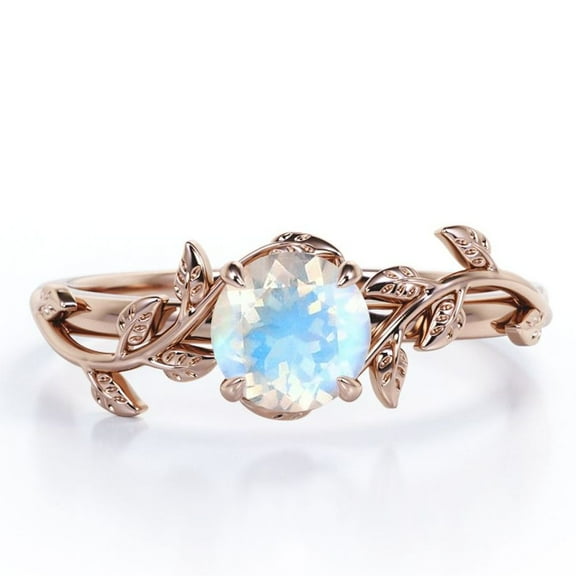 JeenMata 0.50 Carat 4 Prong Branch Leaf Design Round Cut Rainbow Moonstone Engagement Ring In 18K Rose Gold Plating Over Silver