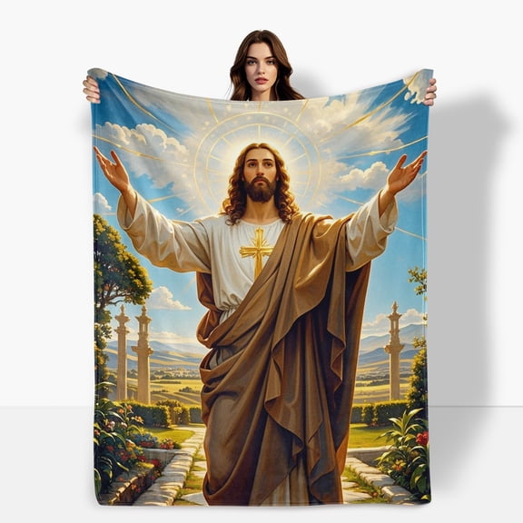 Jesus Trees Light White Clouds Flannel Blanket Soft Warm Comfortable For Sofa Bed Travel Camping Living Room Office Chair Polyester Fiber Gift For Family Or Friends