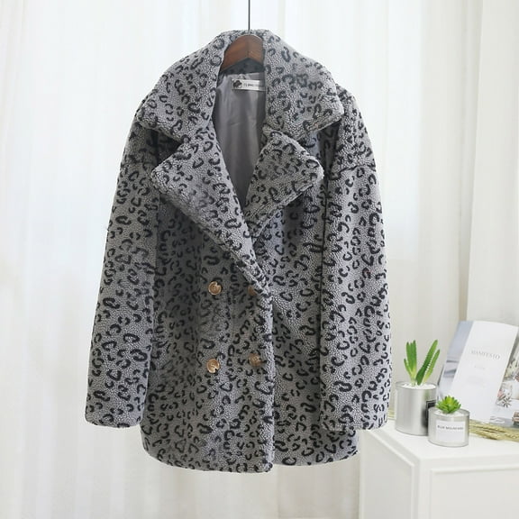 Tejiojio Clearance Rollbacks Women Fashion Autumn And Winter Leopard Print Loose Short Windbreaker Lamb Coat