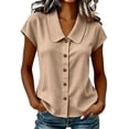 thumbnail image 2 of sdhkgrrt Women Short Sleeve Button Down Shirts Summer Casual Collared Tops Solid Slim Fit Pullover Blouses Cute Office Work Outfits Clothes, Beige L, 2 of 8