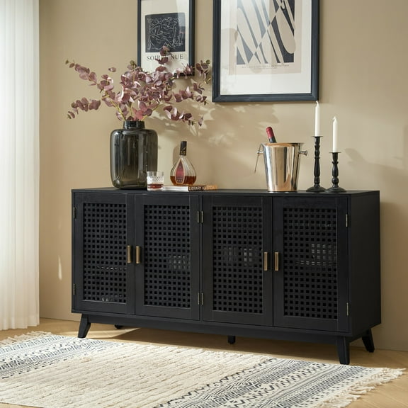4-door Modern Storage Sideboard with Adjustable Shelf Latticwork Door Cabinet for Living Room Black