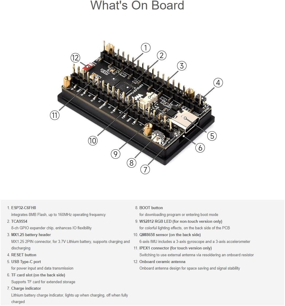 ESP32-C6 1.9inch Touch Display Development Board,170×320 Pixels 262K Color LCD Screen Support 2.4GHz WiFi and Bluetooth BLE 5 Supports 90°Hardware Rotation