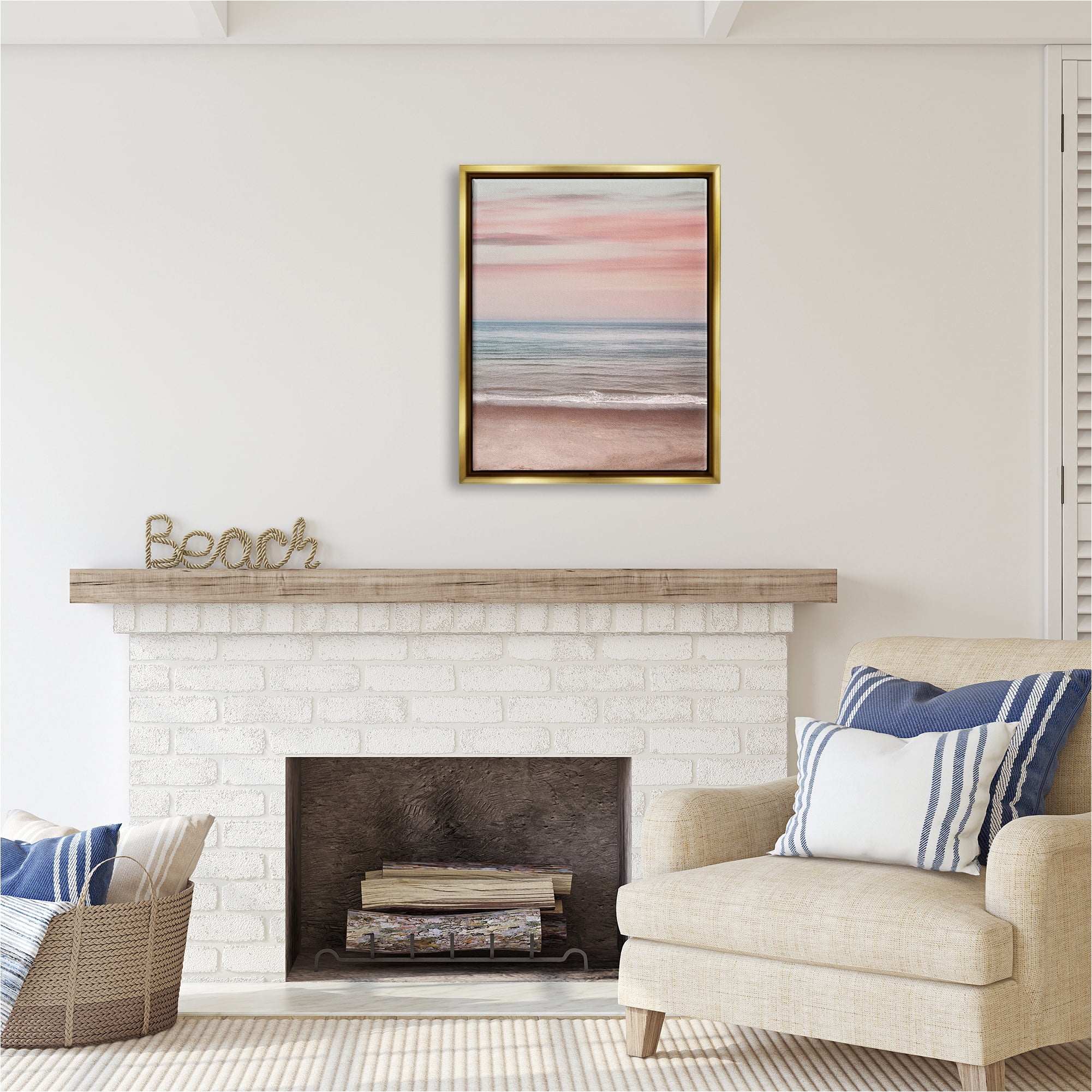 Stupell Industries Pastel Shore Sunset Landscape Painting Gold Floater Framed Canvas Art Print Wall Art, 25 x 31