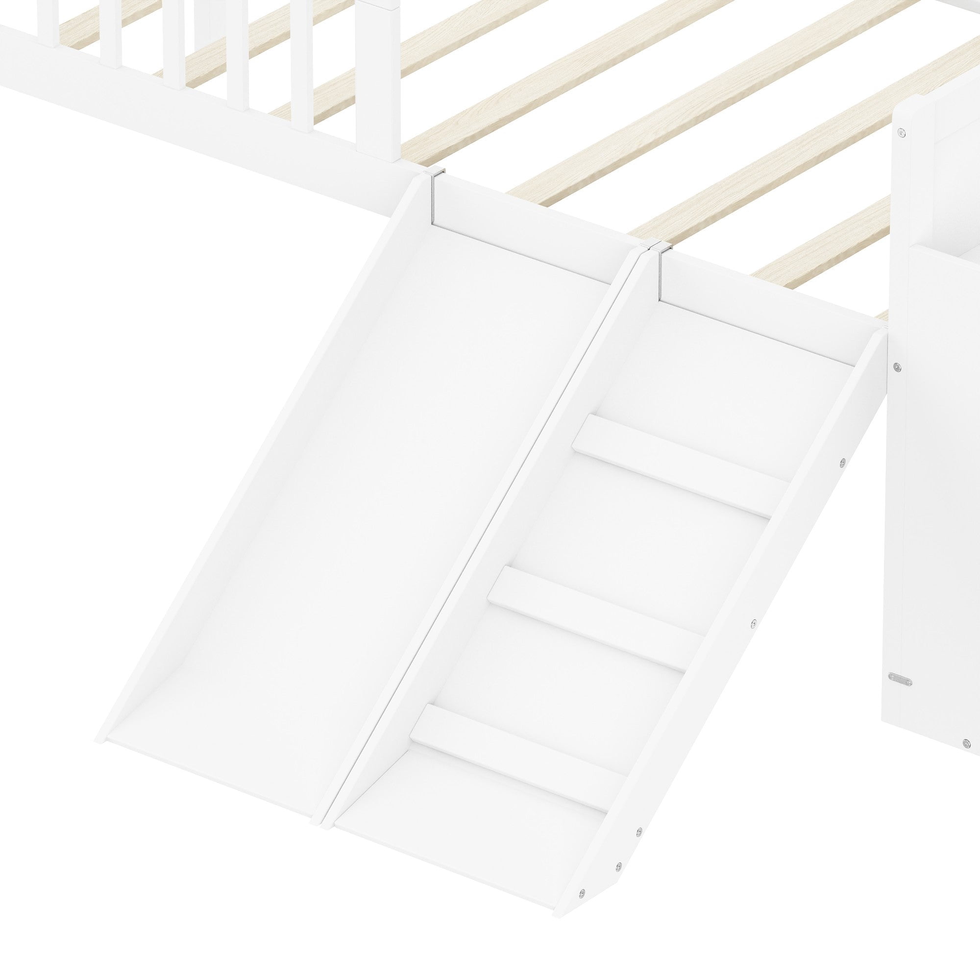 Sailvan Twin Bed Frame with Storage Shelf,Kids Wooden Platform Bed with Slide and Ladder,Full Guardrail,No Box Spring Needed，White
