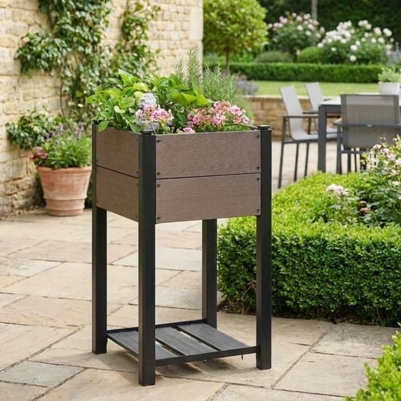 EuKer 19.37" x 19.37" Raised Garden Planter, Long Planter Box with Storage Shelf for Vegetables, Herbs, Brown/Black