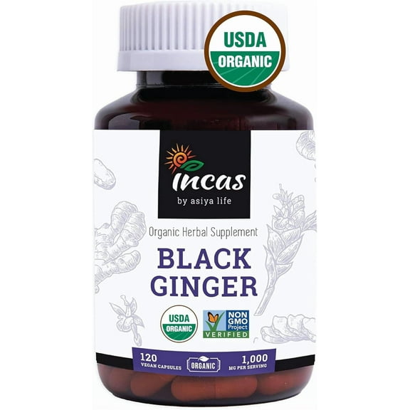 INCAS 100% USDA Organic Thai Black Ginger for Men 120 Vegan Capsules 500mg Non GMO Verified | 120 Servings