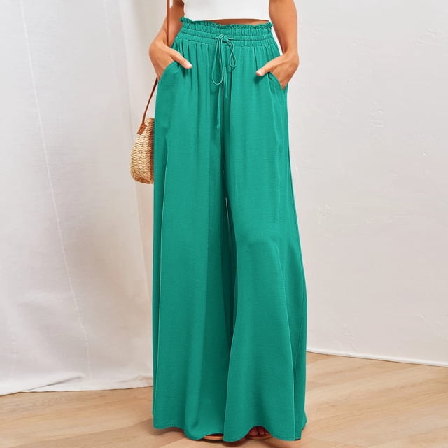 Jsaierl Womens Casual Wide Leg Pants Ruffle Elastic Drawstring Palazzo Pants Loose Comfy Trousers with Pockets