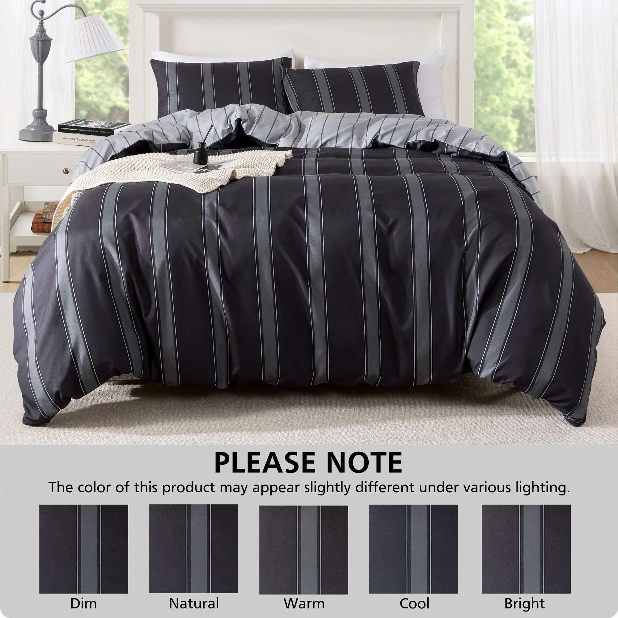 Mainstays King Duvet Cover Set, All-Season Reversible, 3-Piece, Dark Grey Stripe