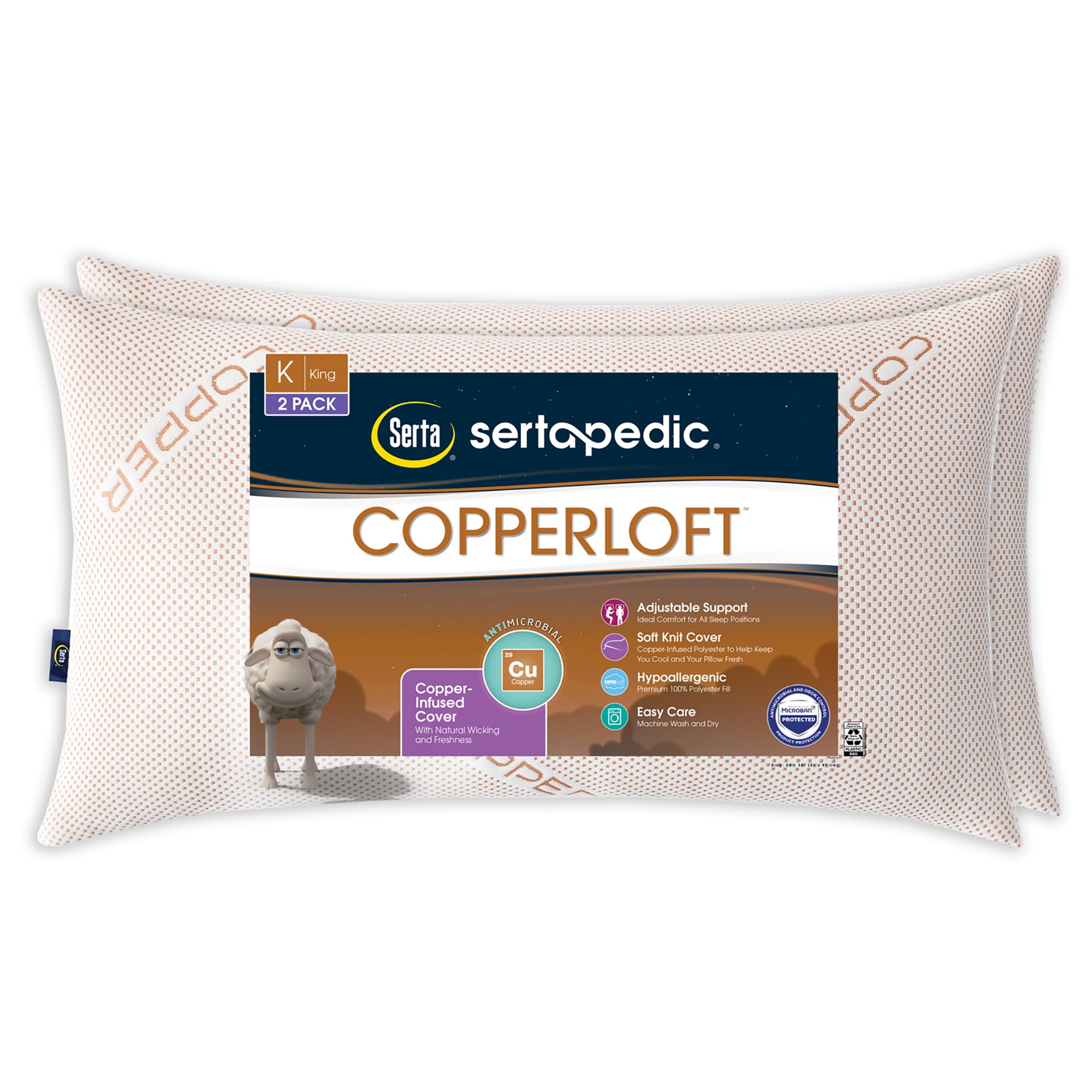 Sertapedic Copperloft Bed Pillow, King, 2 Pack