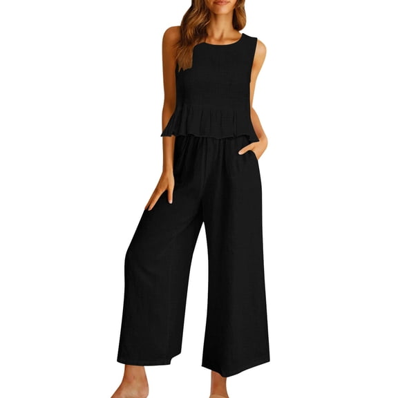 Baqcunre Linen Pants Women'S 2 Piece Outfits Sleeveless Ruffle Tank Crop Top Wide Leg Pants Set With Pockets Lounge Sets For Women Women'S Pants Black L