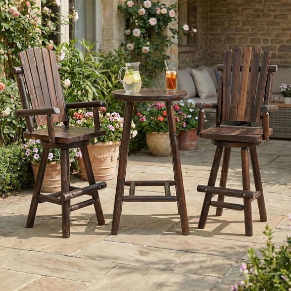 HOMEDIARY 3 Piece Outdoor Bar Set, Solid Wood Patio High Top Table and 2 Swivel Bar Height Adirondack Chairs with High Back & Footrest, Tall Patio Bistro Furniture for Deck Pub Garden, Carbonized