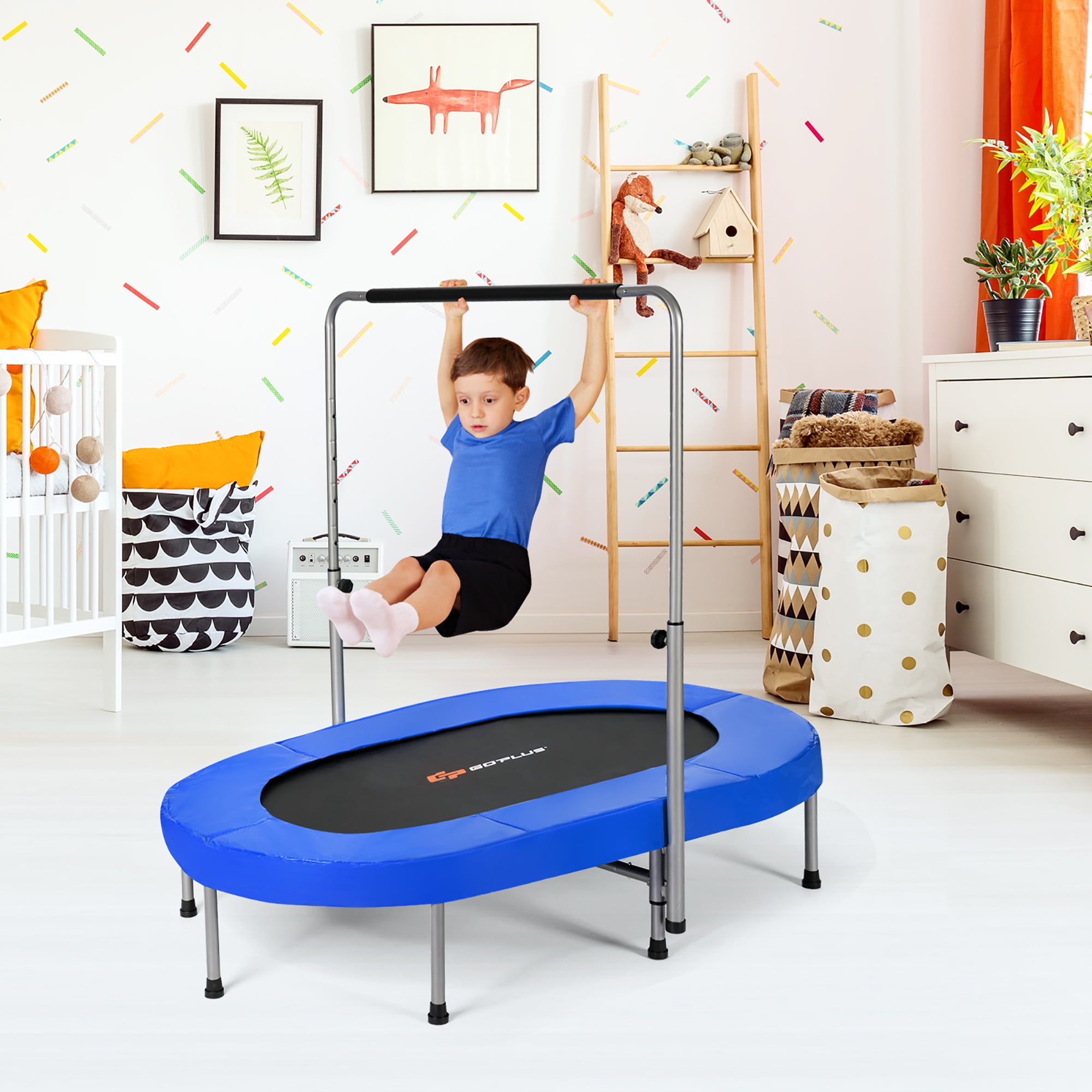 Goplus Foldable Trampoline Double Mini Kids Fitness Rebounder with Adjustable Handle Blue
