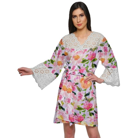 

Moomaya Printed Cotton Venice Lace Bridesmaid Robe Short Robes For Women